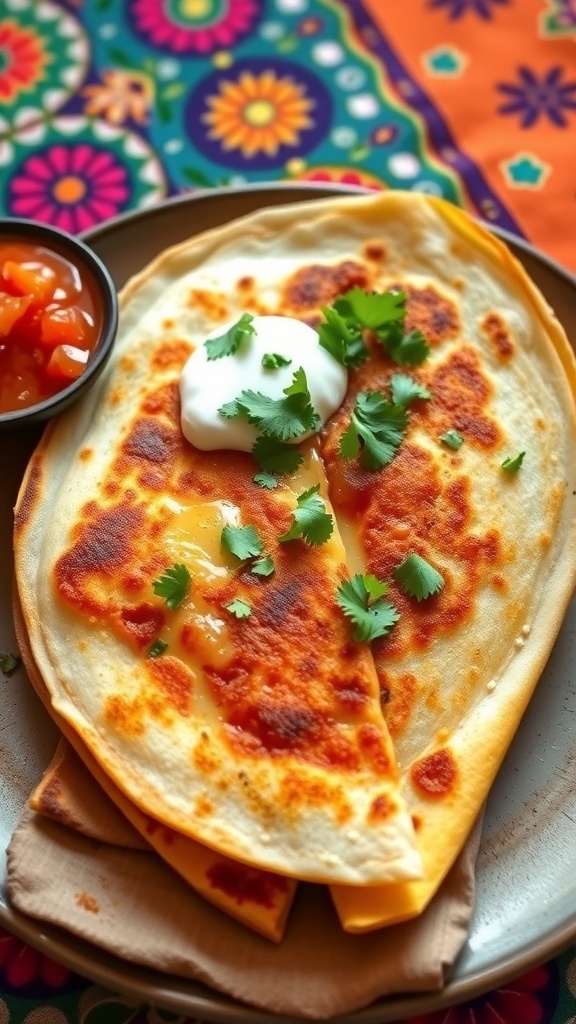 Golden brown quesadilla filled with queso panela, cut into wedges, served with salsa and sour cream.